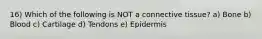 16) Which of the following is NOT a connective tissue? a) Bone b) Blood c) Cartilage d) Tendons e) Epidermis