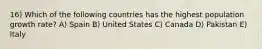 16) Which of the following countries has the highest population growth rate? A) Spain B) United States C) Canada D) Pakistan E) Italy