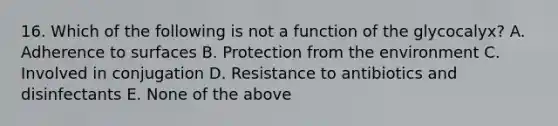 16. Which of the following is not a function of the glycocalyx? A. Adherence to surfaces B. Protection from the environment C. Involved in conjugation D. Resistance to antibiotics and disinfectants E. None of the above