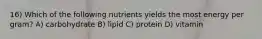 16) Which of the following nutrients yields the most energy per gram? A) carbohydrate B) lipid C) protein D) vitamin