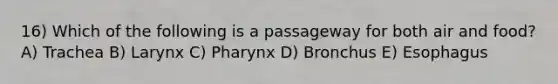 16) Which of the following is a passageway for both air and food? A) Trachea B) Larynx C) Pharynx D) Bronchus E) Esophagus