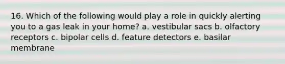 16. Which of the following would play a role in quickly alerting you to a gas leak in your home? a. vestibular sacs b. olfactory receptors c. bipolar cells d. feature detectors e. basilar membrane