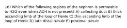 16) Which of the following regions of the nephron is permeable to H2O even when ADH is not present? A) collecting duct B) thick ascending limb of the loop of Henle C) thin ascending limb of the loop of Henle D) late distal tubule E) proximal tubule