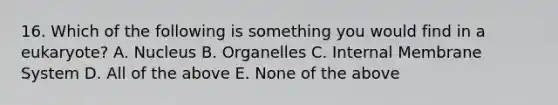 16. Which of the following is something you would find in a eukaryote? A. Nucleus B. Organelles C. Internal Membrane System D. All of the above E. None of the above