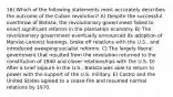 16) Which of the following statements most accurately describes the outcome of the Cuban revolution? A) Despite the successful overthrow of Batista, the revolutionary government failed to enact significant reforms in the plantation economy. B) The revolutionary government eventually announced its adoption of Marxist-Leninist leanings, broke off relations with the U.S., and introduced sweeping socialist reforms. C) The largely liberal government that resulted from the revolution returned to the constitution of 1940 and closer relationships with the U.S. D) After a brief sojourn in the U.S., Batista was able to return to power with the support of the U.S. military. E) Castro and the United States agreed to a cease-fire and resumed normal relations by 1970.