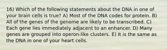 16) Which of the following statements about the DNA in one of your brain cells is true? A) Most of the DNA codes for protein. B) All of the genes of the genome are likely to be transcribed. C) Each gene lies immediately adjacent to an enhancer. D) Many genes are grouped into operon-like clusters. E) It is the same as the DNA in one of your heart cells.