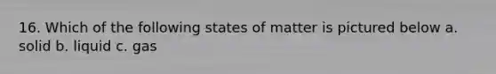 16. Which of the following states of matter is pictured below a. solid b. liquid c. gas