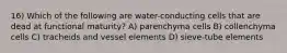 16) Which of the following are water-conducting cells that are dead at functional maturity? A) parenchyma cells B) collenchyma cells C) tracheids and vessel elements D) sieve-tube elements