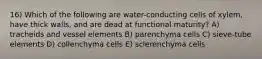 16) Which of the following are water-conducting cells of xylem, have thick walls, and are dead at functional maturity? A) tracheids and vessel elements B) parenchyma cells C) sieve-tube elements D) collenchyma cells E) sclerenchyma cells