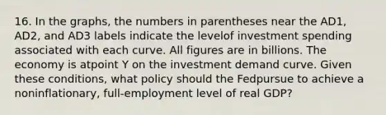 16. In the graphs, the numbers in parentheses near the AD1, AD2, and AD3 labels indicate the levelof investment spending associated with each curve. All figures are in billions. The economy is atpoint Y on the investment demand curve. Given these conditions, what policy should the Fedpursue to achieve a noninflationary, full-employment level of real GDP?