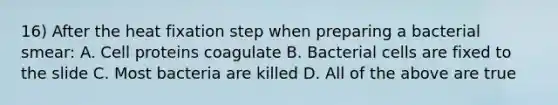 16) After the heat fixation step when preparing a bacterial smear: A. Cell proteins coagulate B. Bacterial cells are fixed to the slide C. Most bacteria are killed D. All of the above are true