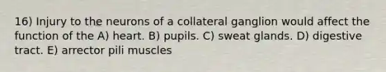 16) Injury to the neurons of a collateral ganglion would affect the function of the A) heart. B) pupils. C) sweat glands. D) digestive tract. E) arrector pili muscles