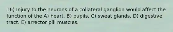 16) Injury to the neurons of a collateral ganglion would affect the function of the A) heart. B) pupils. C) sweat glands. D) digestive tract. E) arrector pili muscles.