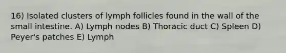 16) Isolated clusters of lymph follicles found in the wall of <a href='https://www.questionai.com/knowledge/kt623fh5xn-the-small-intestine' class='anchor-knowledge'>the small intestine</a>. A) Lymph nodes B) Thoracic duct C) Spleen D) Peyer's patches E) Lymph