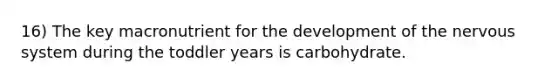 16) The key macronutrient for the development of the nervous system during the toddler years is carbohydrate.