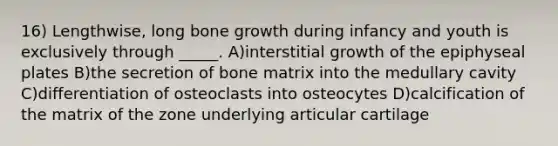 16) Lengthwise, long <a href='https://www.questionai.com/knowledge/ki4t7AlC39-bone-growth' class='anchor-knowledge'>bone growth</a> during infancy and youth is exclusively through _____. A)interstitial growth of the epiphyseal plates B)the secretion of bone matrix into the medullary cavity C)differentiation of osteoclasts into osteocytes D)calcification of the matrix of the zone underlying articular cartilage