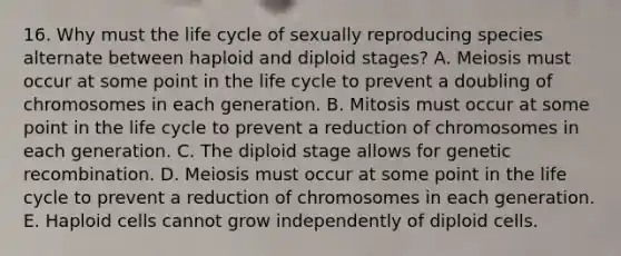 16. Why must the life cycle of sexually reproducing species alternate between haploid and diploid stages? A. Meiosis must occur at some point in the life cycle to prevent a doubling of chromosomes in each generation. B. Mitosis must occur at some point in the life cycle to prevent a reduction of chromosomes in each generation. C. The diploid stage allows for genetic recombination. D. Meiosis must occur at some point in the life cycle to prevent a reduction of chromosomes in each generation. E. Haploid cells cannot grow independently of diploid cells.