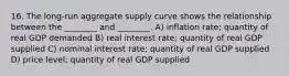 16. The long-run aggregate supply curve shows the relationship between the ________ and ________. A) inflation rate; quantity of real GDP demanded B) real interest rate; quantity of real GDP supplied C) nominal interest rate; quantity of real GDP supplied D) price level; quantity of real GDP supplied