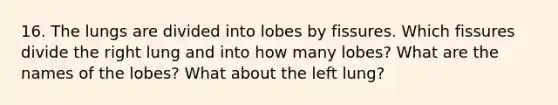 16. The lungs are divided into lobes by fissures. Which fissures divide the right lung and into how many lobes? What are the names of the lobes? What about the left lung?