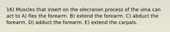 16) Muscles that insert on the olecranon process of the ulna can act to A) flex the forearm. B) extend the forearm. C) abduct the forearm. D) adduct the forearm. E) extend the carpals.