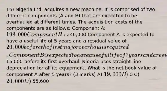 16) Nigeria Ltd. acquires a new machine. It is comprised of two different components (A and B) that are expected to be overhauled at different times. The acquisition costs of the components are as follows: Component A: 198,000 Component B: 240,000 Component A is expected to have a useful life of 5 years and a residual value of 20,000 before the first major overhaul is required. Component B is expected to have a useful life of 7 years and a residual value of 15,000 before its first overhaul. Nigeria uses straight-line depreciation for all its equipment. What is the net book value of component A after 5 years? (3 marks) A) 19,000 B) 0 C) 20,000 D) 55,600