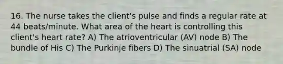 16. The nurse takes the client's pulse and finds a regular rate at 44 beats/minute. What area of the heart is controlling this client's heart rate? A) The atrioventricular (AV) node B) The bundle of His C) The Purkinje fibers D) The sinuatrial (SA) node