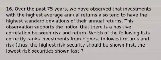 16. Over the past 75 years, we have observed that investments with the highest average annual returns also tend to have the highest standard deviations of their annual returns. This observation supports the notion that there is a positive correlation between risk and return. Which of the following lists correctly ranks investments from highest to lowest returns and risk (thus, the highest risk security should be shown first, the lowest risk securities shown last)?