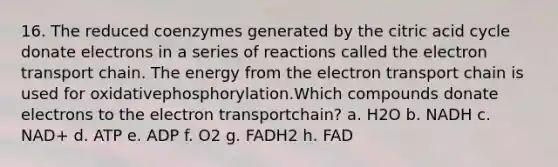 16. The reduced coenzymes generated by the citric acid cycle donate electrons in a series of reactions called the electron transport chain. The energy from the electron transport chain is used for oxidativephosphorylation.Which compounds donate electrons to the electron transportchain? a. H2O b. NADH c. NAD+ d. ATP e. ADP f. O2 g. FADH2 h. FAD