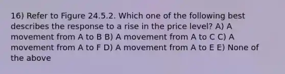 16) Refer to Figure 24.5.2. Which one of the following best describes the response to a rise in the price level? A) A movement from A to B B) A movement from A to C C) A movement from A to F D) A movement from A to E E) None of the above