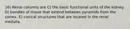 16) Renal columns are C) the basic functional units of the kidney. D) bundles of tissue that extend between pyramids from the cortex. E) conical structures that are located in the renal medulla.