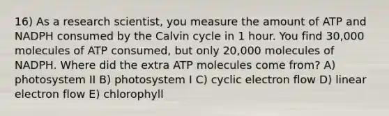 16) As a research scientist, you measure the amount of ATP and NADPH consumed by the Calvin cycle in 1 hour. You find 30,000 molecules of ATP consumed, but only 20,000 molecules of NADPH. Where did the extra ATP molecules come from? A) photosystem II B) photosystem I C) cyclic electron flow D) linear electron flow E) chlorophyll