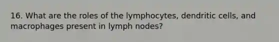 16. What are the roles of the lymphocytes, dendritic cells, and macrophages present in lymph nodes?