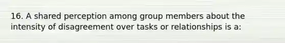 16. A shared perception among group members about the intensity of disagreement over tasks or relationships is a: