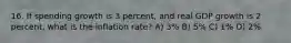 16. If spending growth is 3 percent, and real GDP growth is 2 percent, what is the inflation rate? A) 3% B) 5% C) 1% D) 2%