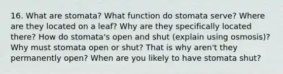 16. What are stomata? What function do stomata serve? Where are they located on a leaf? Why are they specifically located there? How do stomata's open and shut (explain using osmosis)? Why must stomata open or shut? That is why aren't they permanently open? When are you likely to have stomata shut?