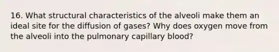 16. What structural characteristics of the alveoli make them an ideal site for the diffusion of gases? Why does oxygen move from the alveoli into the pulmonary capillary blood?