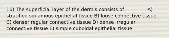 16) The superficial layer of the dermis consists of ________. A) stratified squamous <a href='https://www.questionai.com/knowledge/k7dms5lrVY-epithelial-tissue' class='anchor-knowledge'>epithelial tissue</a> B) loose <a href='https://www.questionai.com/knowledge/kYDr0DHyc8-connective-tissue' class='anchor-knowledge'>connective tissue</a> C) denser regular connective tissue D) dense irregular connective tissue E) simple cuboidal epithelial tissue