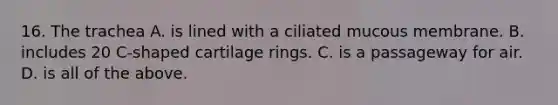 16. The trachea A. is lined with a ciliated mucous membrane. B. includes 20 C-shaped cartilage rings. C. is a passageway for air. D. is all of the above.