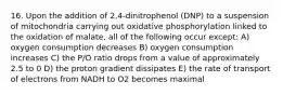 16. Upon the addition of 2,4-dinitrophenol (DNP) to a suspension of mitochondria carrying out oxidative phosphorylation linked to the oxidation of malate, all of the following occur except: A) oxygen consumption decreases B) oxygen consumption increases C) the P/O ratio drops from a value of approximately 2.5 to 0 D) the proton gradient dissipates E) the rate of transport of electrons from NADH to O2 becomes maximal