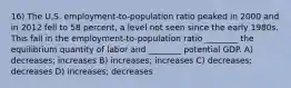 16) The U.S. employment-to-population ratio peaked in 2000 and in 2012 fell to 58 percent, a level not seen since the early 1980s. This fall in the employment-to-population ratio ________ the equilibrium quantity of labor and ________ potential GDP. A) decreases; increases B) increases; increases C) decreases; decreases D) increases; decreases