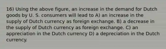 16) Using the above figure, an increase in the demand for Dutch goods by U. S. consumers will lead to A) an increase in the supply of Dutch currency as foreign exchange. B) a decrease in the supply of Dutch currency as foreign exchange. C) an appreciation in the Dutch currency D) a depreciation in the Dutch currency.