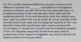 16) The variable overhead efficiency variance measures the difference between the ________, multiplied by the budgeted variable overhead cost per unit of the cost-allocation base. A) budgeted quantity of the cost-allocation base used and the budgeted quantity of the cost-allocation base that should have been used to produce the actual output B) actual quantity of the cost-allocation base used and the budgeted quantity of the cost-allocation base that should have been used to produce the actual output C) actual cost incurred and the budgeted quantity of the cost-allocation base that should have been used to produce the actual output D) budgeted cost and the actual cost used to produce the actual output