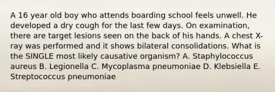 A 16 year old boy who attends boarding school feels unwell. He developed a dry cough for the last few days. On examination, there are target lesions seen on the back of his hands. A chest X-ray was performed and it shows bilateral consolidations. What is the SINGLE most likely causative organism? A. Staphylococcus aureus B. Legionella C. Mycoplasma pneumoniae D. Klebsiella E. Streptococcus pneumoniae