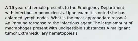 A 16 year old female presents to the Emergency Department with infectious mononucleosis. Upon exam it is noted she has enlarged lymph nodes. What is the most approperiate reason? An immune response to the infectious agent The large amount of macraphoges present with undigestible substances A malignant tumor Extramedullary hematopoiesis