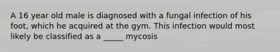 A 16 year old male is diagnosed with a fungal infection of his foot, which he acquired at the gym. This infection would most likely be classified as a _____ mycosis