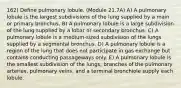 162) Define pulmonary lobule. (Module 21.7A) A) A pulmonary lobule is the largest subdivisions of the lung supplied by a main or primary bronchus. B) A pulmonary lobule is a large subdivision of the lung supplied by a lobar or secondary bronchus. C) A pulmonary lobule is a medium-sized subdivision of the lungs supplied by a segmental bronchus. D) A pulmonary lobule is a region of the lung that does not participate in gas exchange but contains conducting passageways only. E) A pulmonary lobule is the smallest subdivision of the lungs; branches of the pulmonary arteries, pulmonary veins, and a terminal bronchiole supply each lobule.