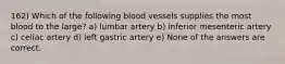 162) Which of the following blood vessels supplies the most blood to the large? a) lumbar artery b) inferior mesenteric artery c) celiac artery d) left gastric artery e) None of the answers are correct.