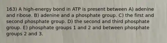 163) A high-energy bond in ATP is present between A) adenine and ribose. B) adenine and a phosphate group. C) the first and second phosphate group. D) the second and third phosphate group. E) phosphate groups 1 and 2 and between phosphate groups 2 and 3.