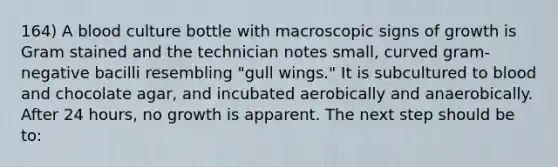 164) A blood culture bottle with macroscopic signs of growth is Gram stained and the technician notes small, curved gram-negative bacilli resembling "gull wings." It is subcultured to blood and chocolate agar, and incubated aerobically and anaerobically. After 24 hours, no growth is apparent. The next step should be to: