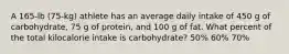 A 165-lb (75-kg) athlete has an average daily intake of 450 g of carbohydrate, 75 g of protein, and 100 g of fat. What percent of the total kilocalorie intake is carbohydrate? 50% 60% 70%